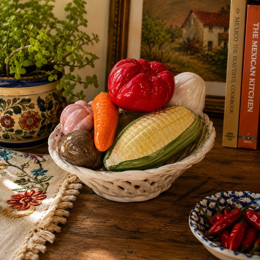 Vintage 1990s Majolica Style Ceramic Vegetable Basket Kitchen Decor